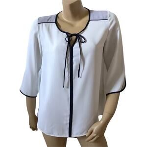 41 HAWTHORN Womens Size Small White Blue 3/4 Sleeve Keyhole Neck Blouse Shirt